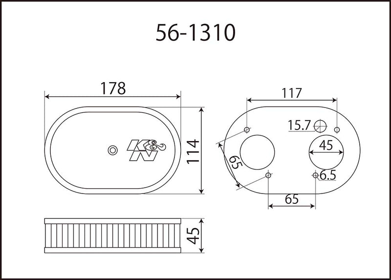 K&N ソレックス・ウェバー 用フィルター | ボア : Φ45～φ48 用 | 高さ : 45 mm | K&N : 56-1310