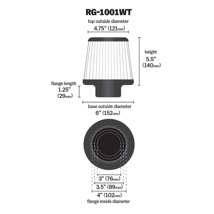 K&N ユニバーサルフィルター | 取付内径 102 mm | K&N : RG-1001WT-L